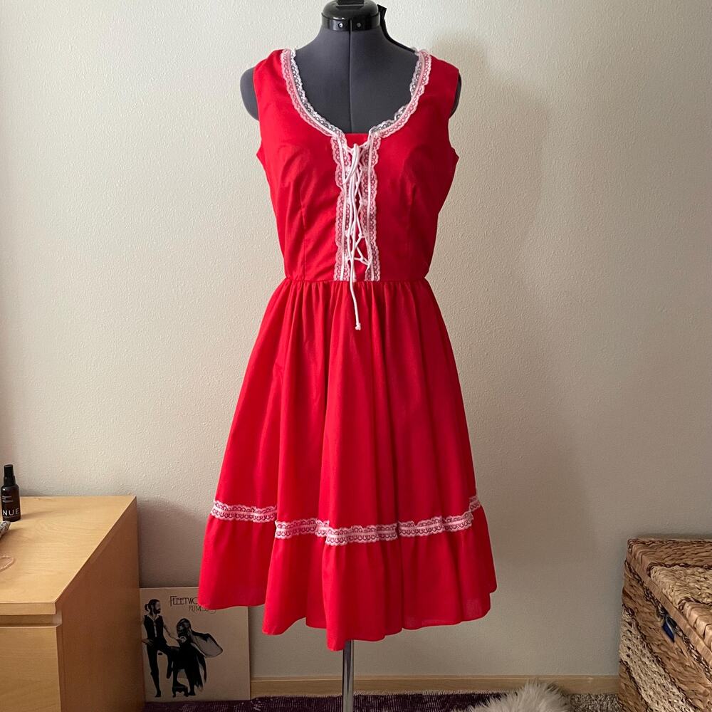 70's vtg red prairie cottage core dress lace up milkmaid square dancing Jeri Bee - Picture 6 of 11